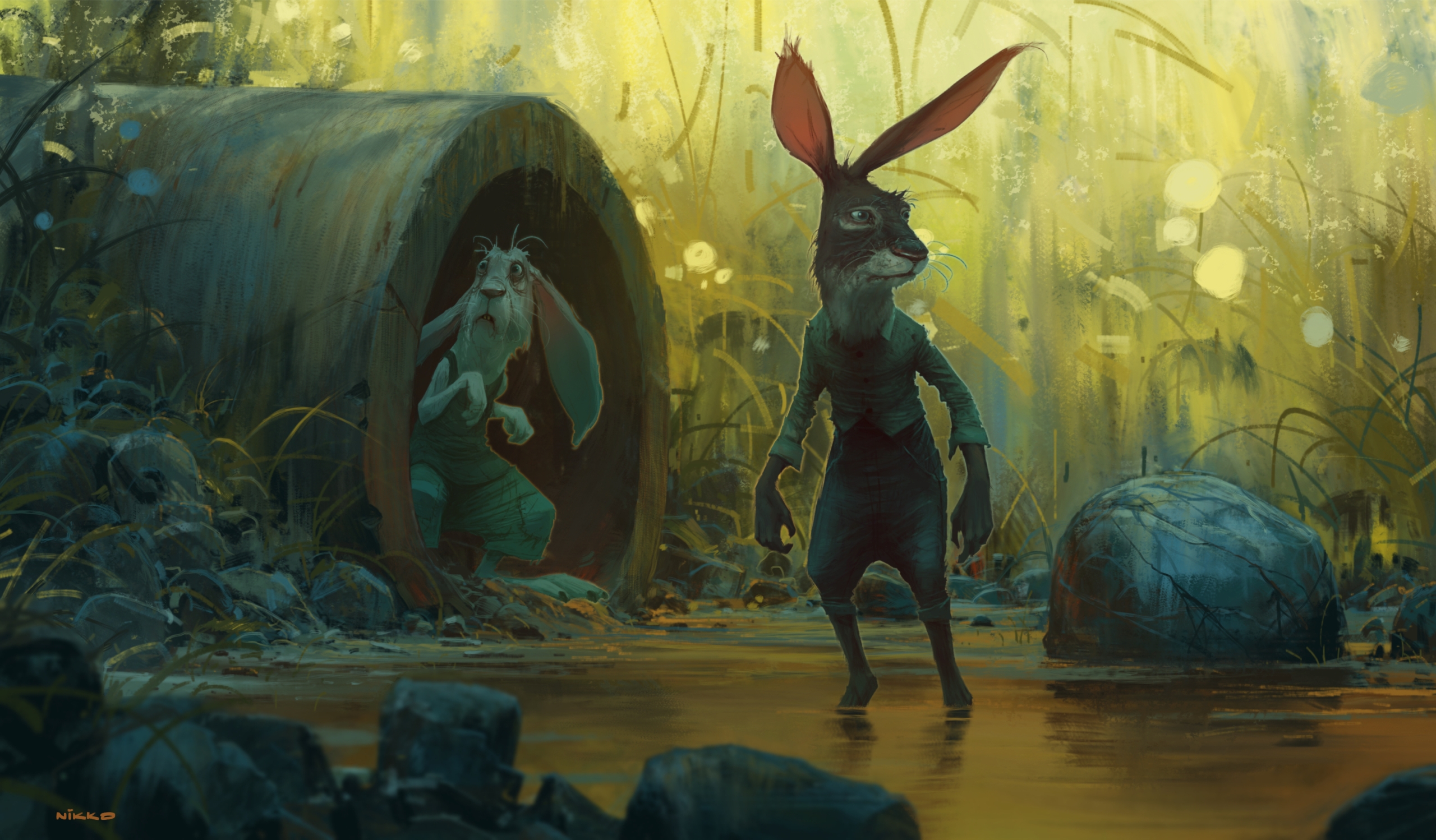 Concept art of two rabbit characters by a drainpipe